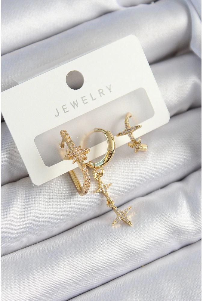 Shoecide Pirinç Zirkon Taşlı Yıldız Model Gold Renk 3lü Çift Kadın Küpe Set