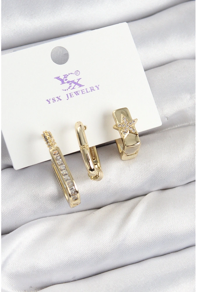 Shoecide Pirinç Zirkon Taşlı Yıldız Model Gold Renk 3lü Kadın Küpe