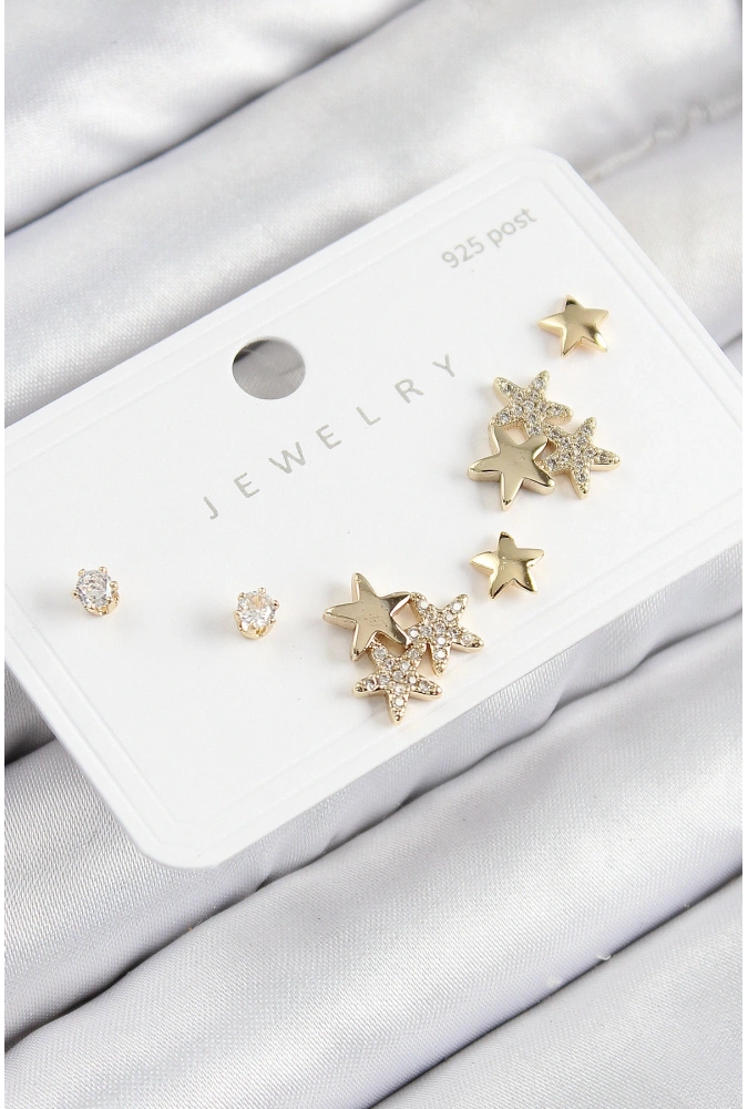 Shoecide Pirinç Zirkon Taşlı Yıldız Model Gold Renk 925 Ayar Gümüş Çivi Kadın Küpe Set