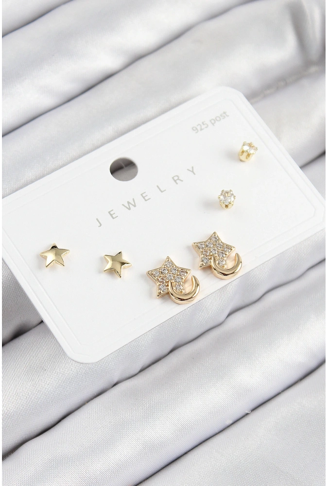 Shoecide Pirinç Zirkon Taşlı Yıldız Model Gold Renk 925 Ayar Gümüş Çivi Kadın Küpe Set