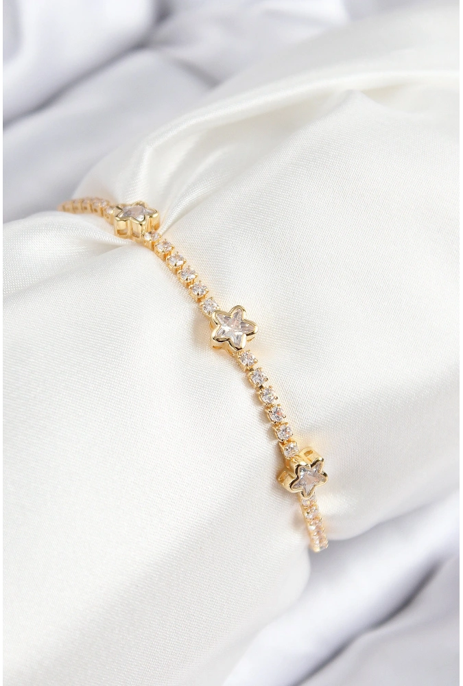 Shoecide Pirinç Zirkon Taşlı Yıldız Model Gold Renk Asansörlü Kadın Bileklik