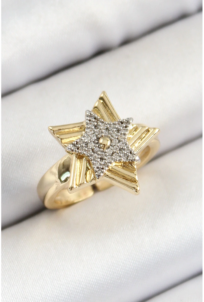 Shoecide Pirinç Zirkon Taşlı Yıldız Model Gold Ve Gümüş Renk Kadın Yüzük