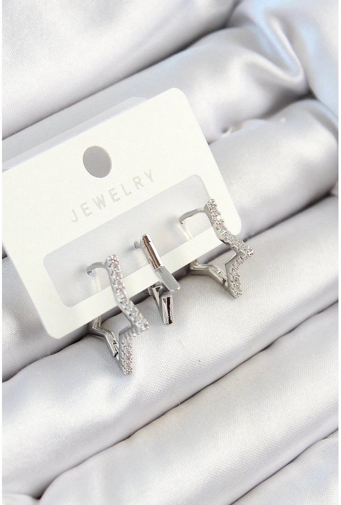 Shoecide Pirinç Zirkon Taşlı Yıldız Model Gümüş Renk 3lü Çift Kadın Küpe Set