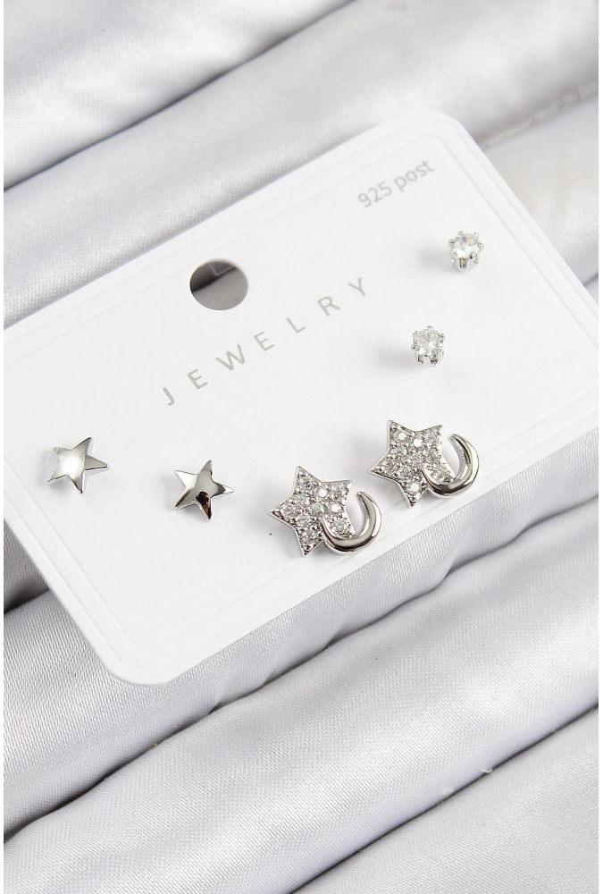 Shoecide Pirinç Zirkon Taşlı Yıldız Model Gümüş Renk 925 Ayar Gümüş Çivi Kadın Küpe Set