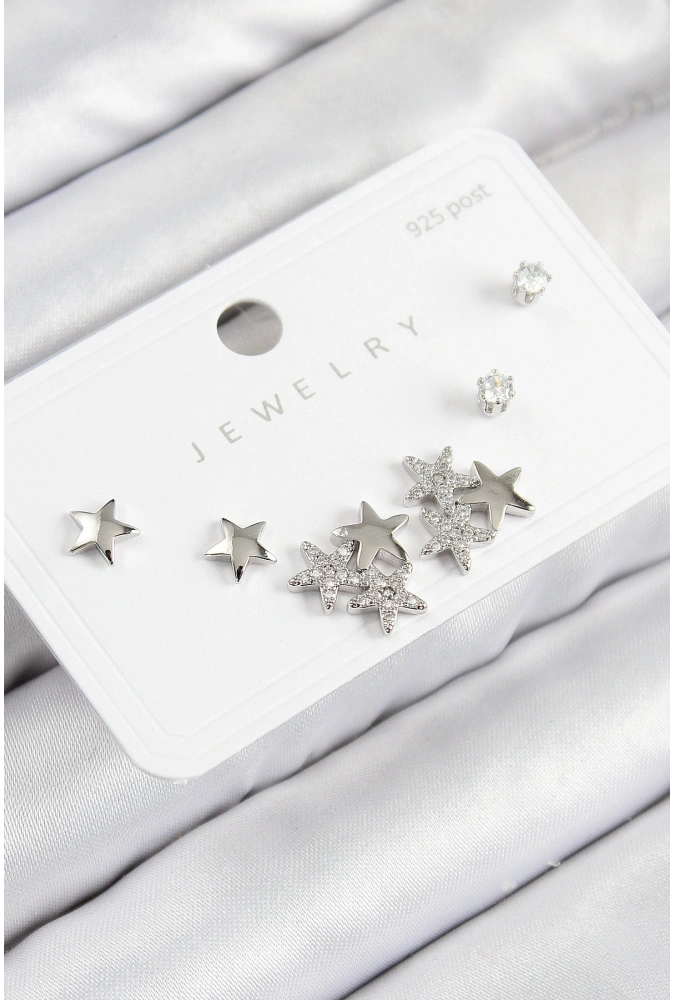 Shoecide Pirinç Zirkon Taşlı Yıldız Model Gümüş Renk 925 Ayar Gümüş Çivi Kadın Küpe Set
