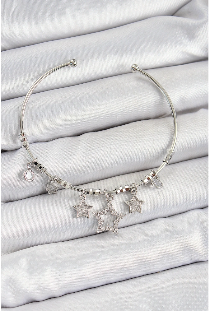 Shoecide Pirinç Zirkon Taşlı Yıldız Model Gümüş Renk Charm Bileklik