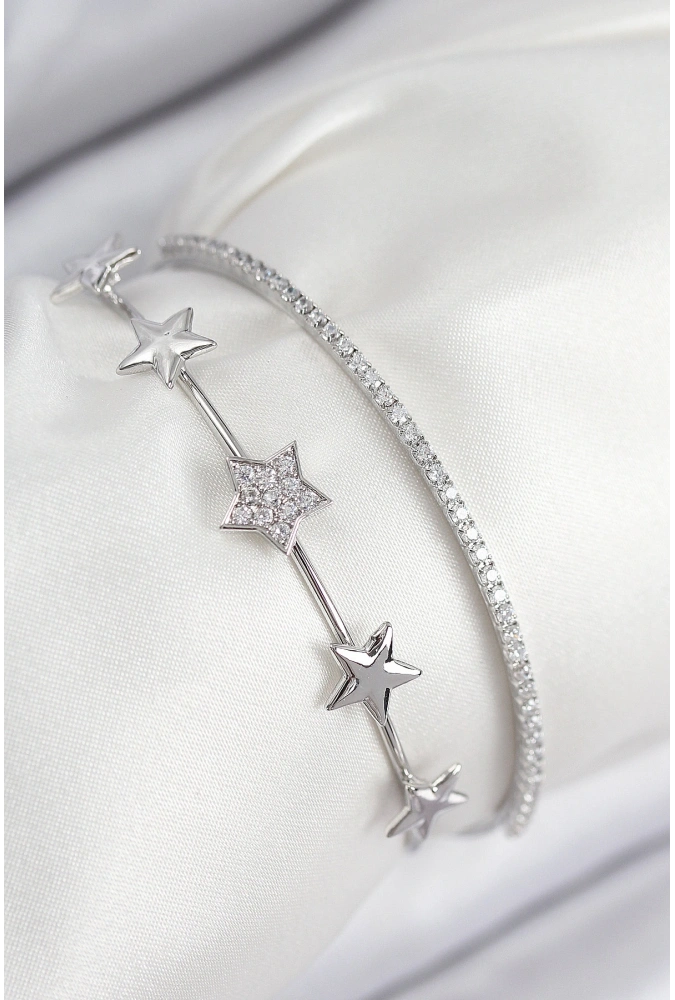Shoecide Pirinç Zirkon Taşlı Yıldız Model Gümüş Renk Kadın Bileklik