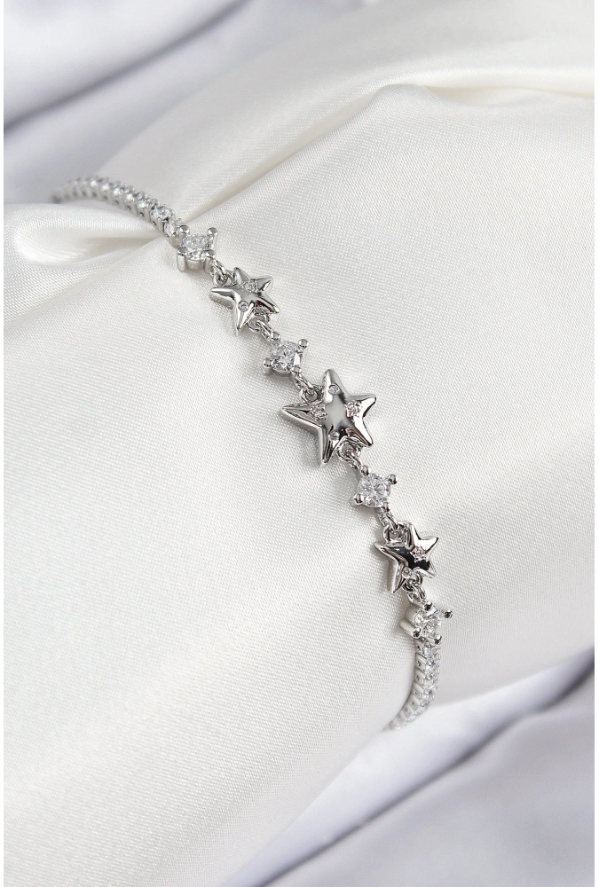 Shoecide Pirinç Zirkon Taşlı Yıldız Model Gümüş Renk Kadın Bileklik