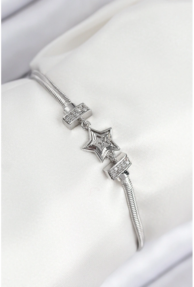Shoecide Pirinç Zirkon Taşlı Yıldız Model Gümüş Renk Kadın Bileklik