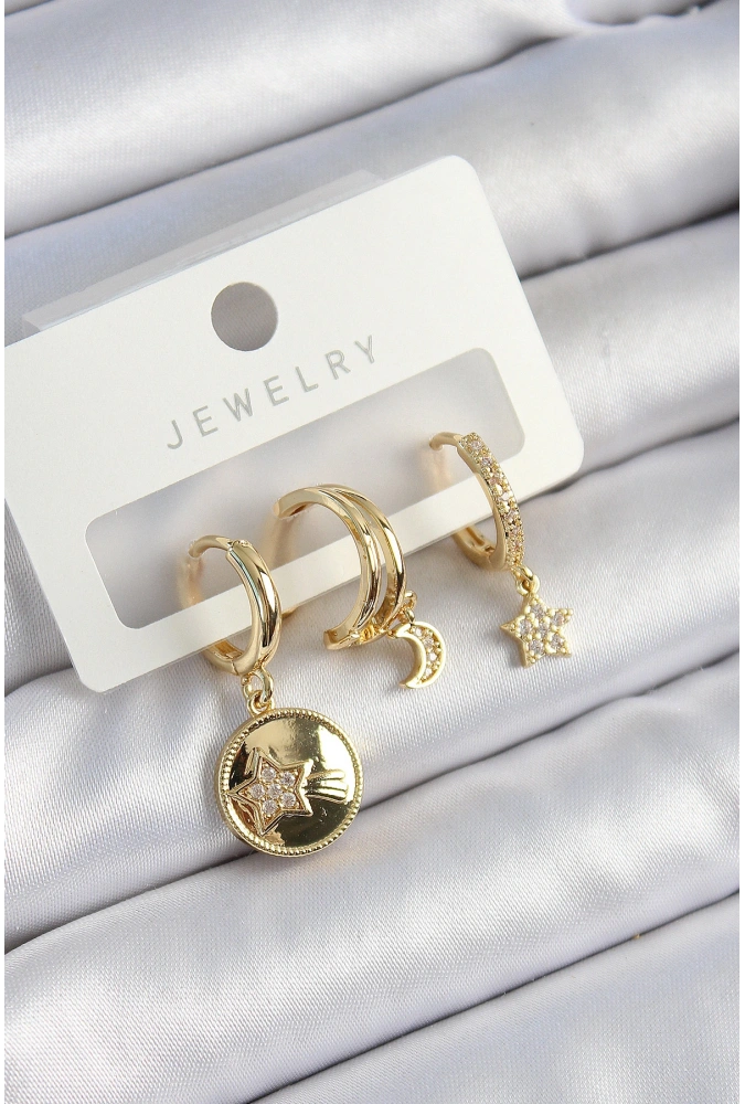 Shoecide Pirinç Zirkon Taşlı Yıldız Ve Ay Model Gold Renk 3lü Çift Kadın Küpe Set