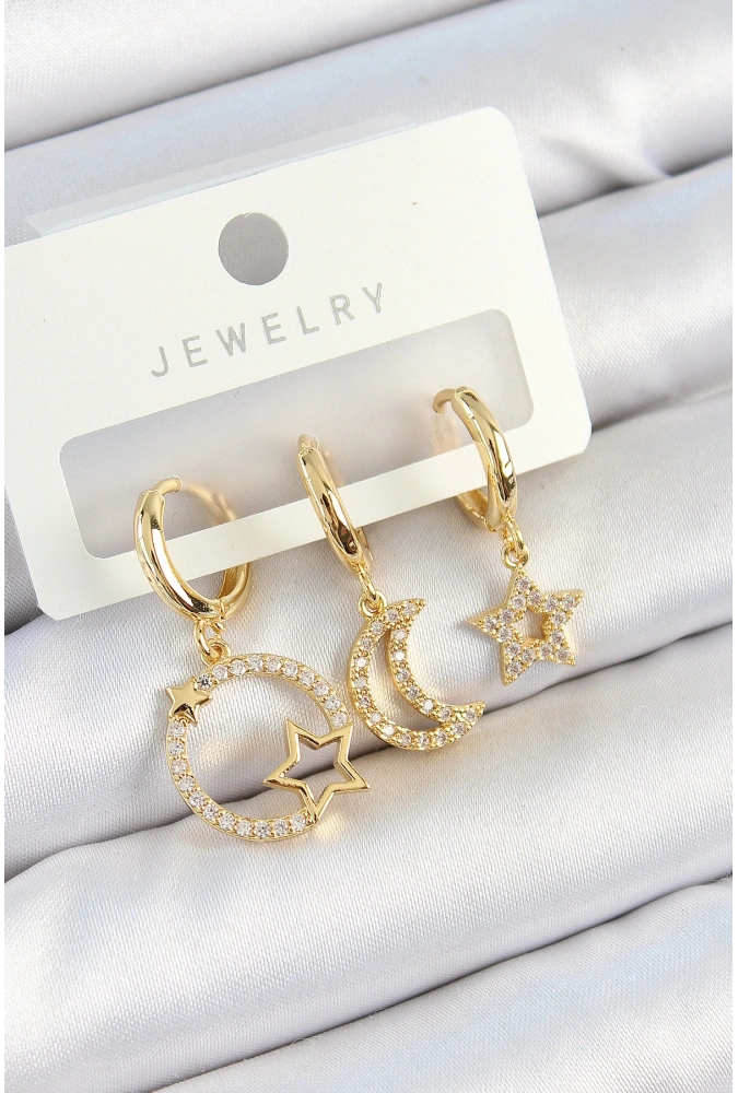 Shoecide Pirinç Zirkon Taşlı Yıldız Ve Ay Model Gold Renk 3lü Kadın Küpe Set