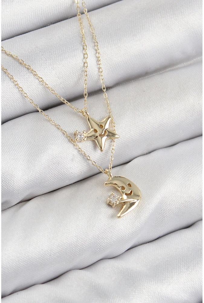 Shoecide Pirinç Zirkon Taşlı Yıldız Ve Ay Model Gold Renk Kadın Kolye