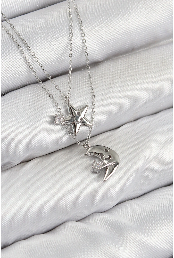 Shoecide Pirinç Zirkon Taşlı Yıldız Ve Ay Model Gümüş Renk Kadın Kolye