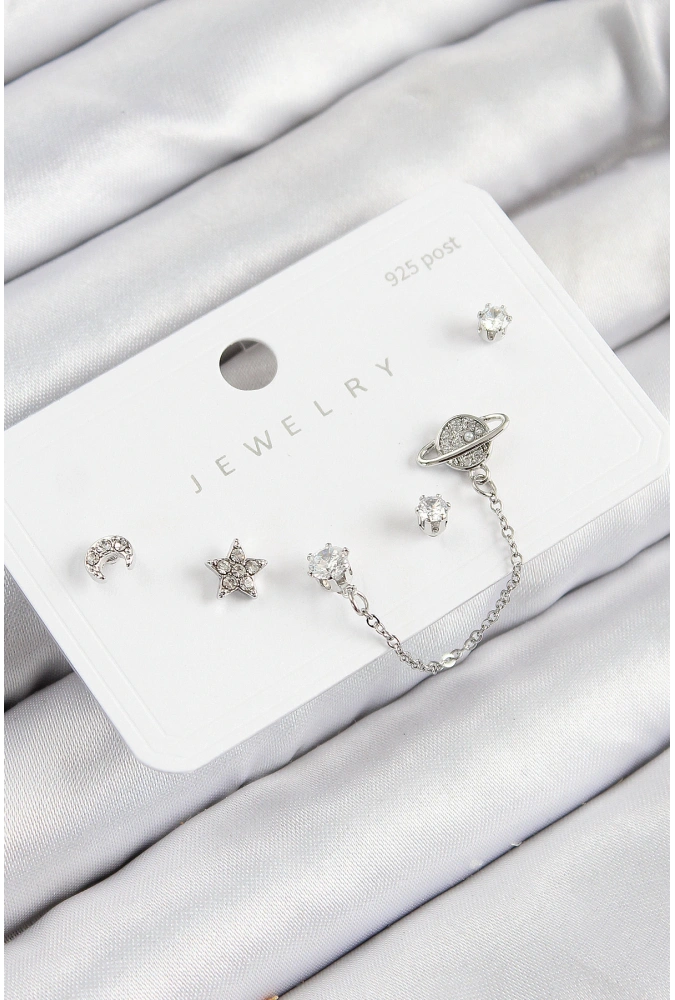 Shoecide Pirinç Zirkon Taşlı Yıldız Ve Gezegen Model Gümüş Renk 925 Ayar Gümüş Çivi Kadın Küpe Set