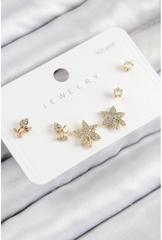 Shoecide Pirinç Zirkon Taşlı Yıldız Ve Gül Model Gold Renk 925 Ayar Gümüş Çivi Kadın Küpe Set