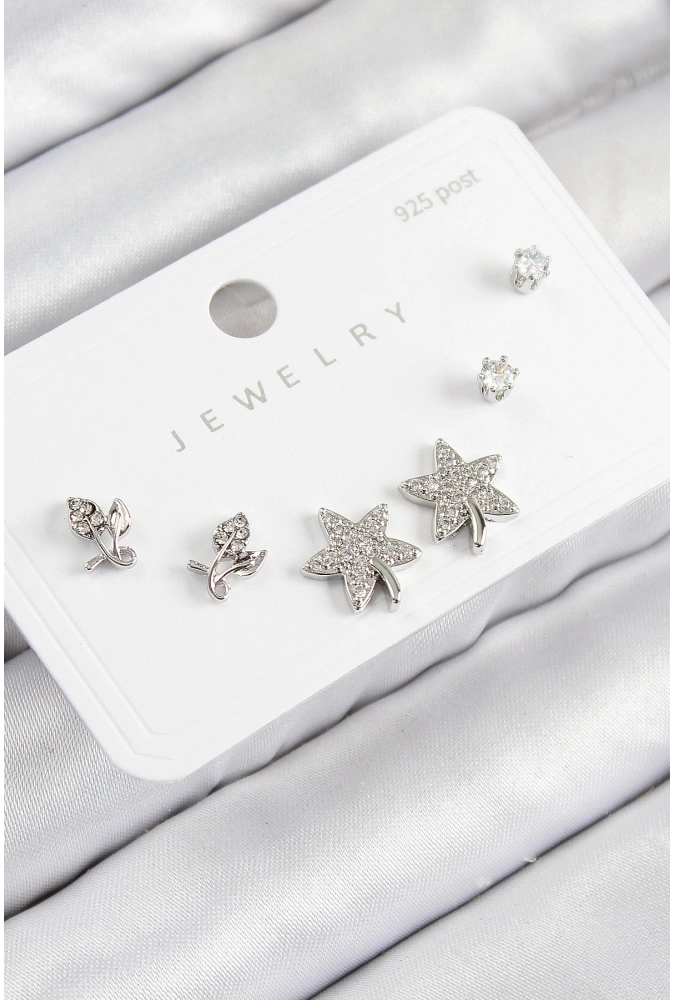 Shoecide Pirinç Zirkon Taşlı Yıldız Ve Gül Model Gümüş Renk 925 Ayar Gümüş Çivi Kadın Küpe Set