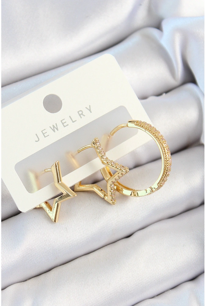 Shoecide Pirinç Zirkon Taşlı Yıldız Ve Halka Model Gold Renk 3lü Çift Kadın Küpe Set