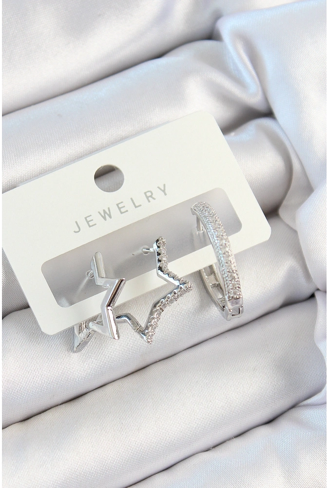 Shoecide Pirinç Zirkon Taşlı Yıldız Ve Halka Model Gümüş Renk 3lü Çift Kadın Küpe Set