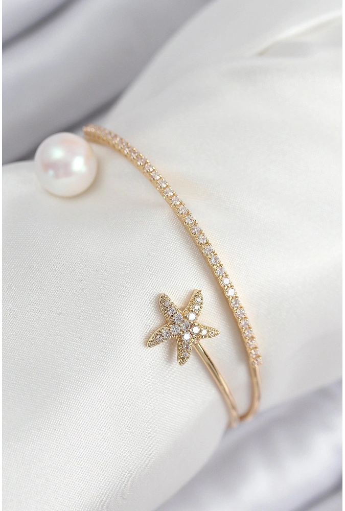 Shoecide Pirinç Zirkon Taşlı Yıldız Ve İnci Model Gold Renk Kadın Bileklik