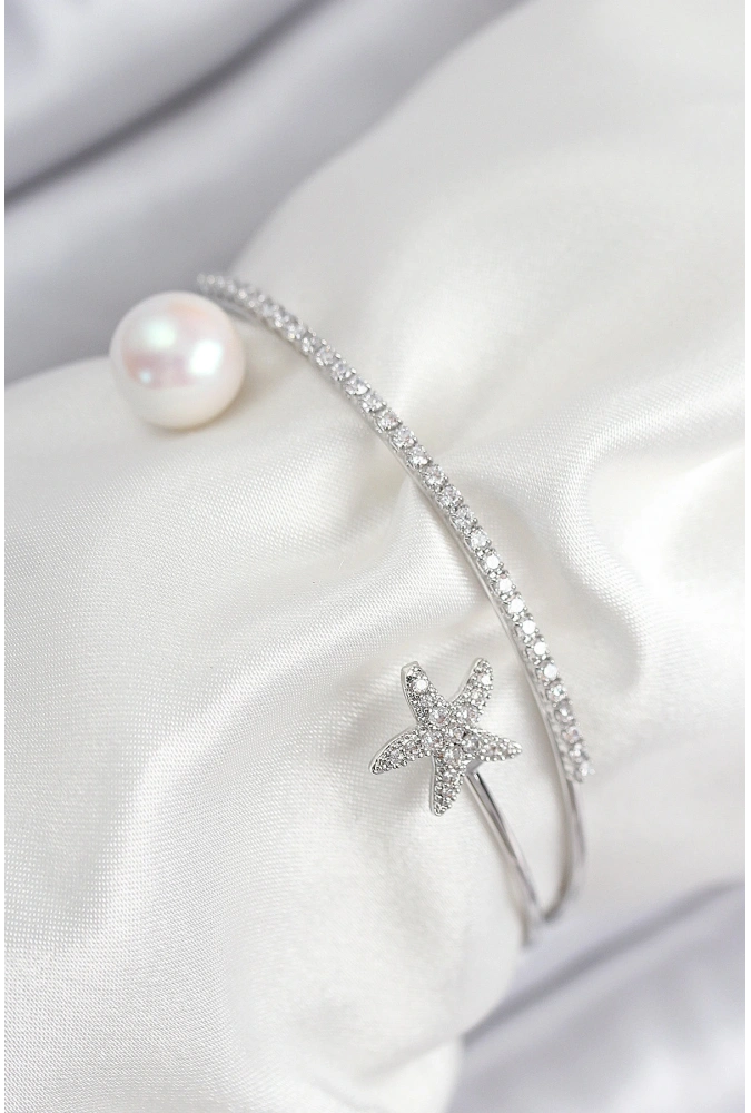 Shoecide Pirinç Zirkon Taşlı Yıldız Ve İnci Model Gümüş Renk Kadın Bileklik