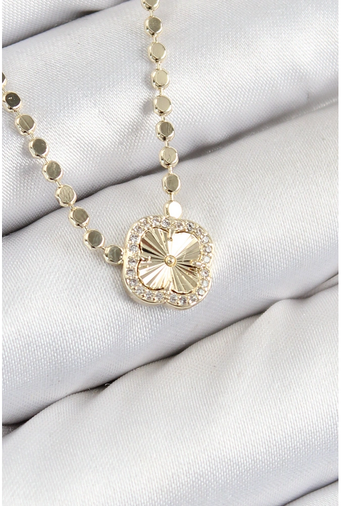 Shoecide Pirinç Zirkon Taşlı Yonca Model Ezme Zincir Gold Renk Kadın Kolye