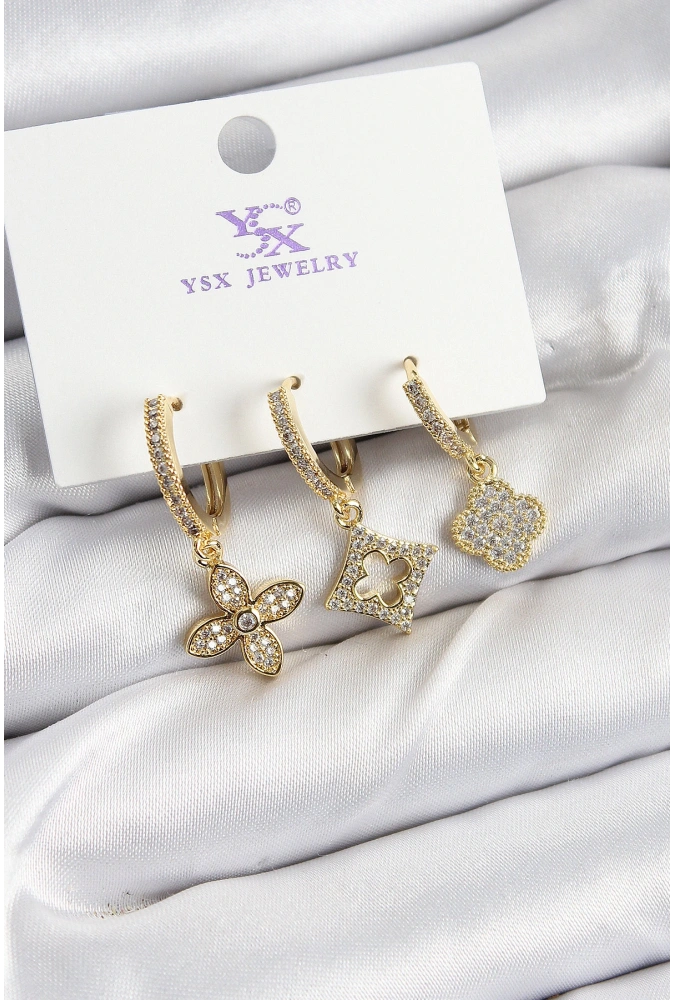 Shoecide Pirinç Zirkon Taşlı Yonca Model Gold Renk 3lü Kadın Küpe