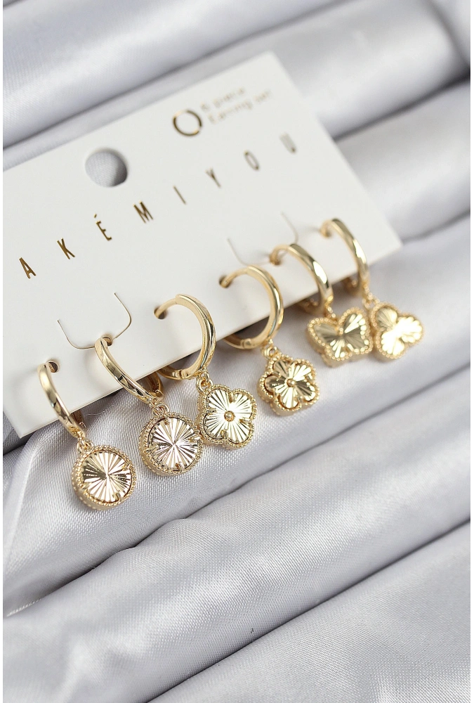 Shoecide Pirinç Zirkon Taşlı Yonca Model Gold Renk 6lı Küpe Set