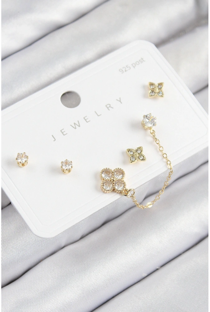 Shoecide Pirinç Zirkon Taşlı Yonca Model Gold Renk 925 Ayar Gümüş Çivi Kadın Küpe Set