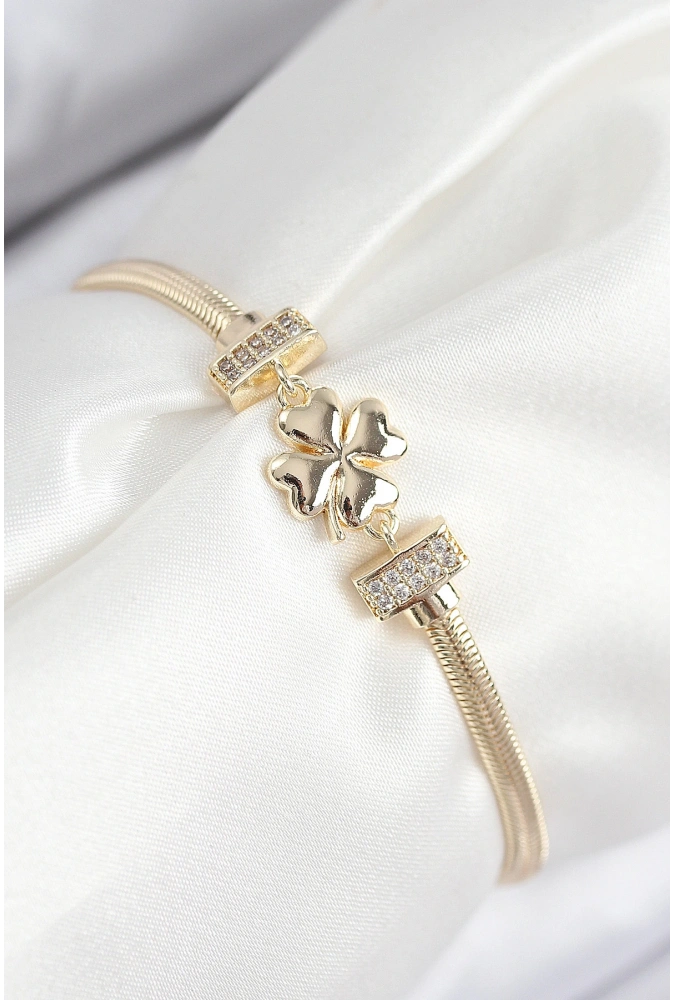 Shoecide Pirinç Zirkon Taşlı Yonca Model Gold Renk Kadın Bileklik