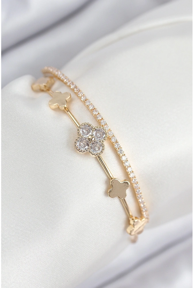 Shoecide Pirinç Zirkon Taşlı Yonca Model Gold Renk Kadın Bileklik