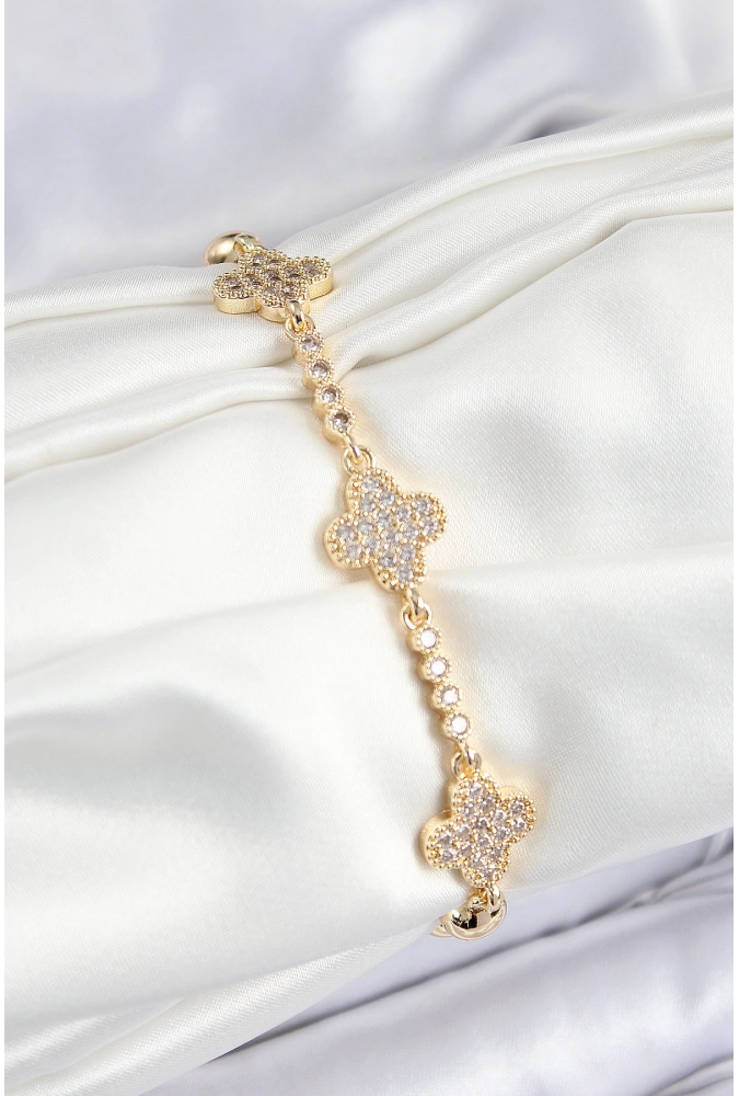 Shoecide Pirinç Zirkon Taşlı Yonca Model Gold Renk Kadın Bileklik