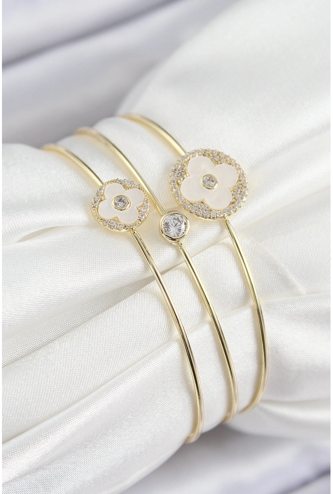 Shoecide Pirinç Zirkon Taşlı Yonca Model Gold Renk Vip 3lü Kadın Bileklik