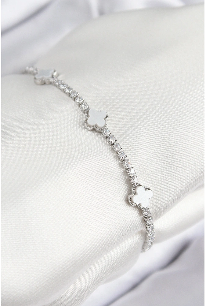 Shoecide Pirinç Zirkon Taşlı Yonca Model Gümüş Renk Kadın Bileklik