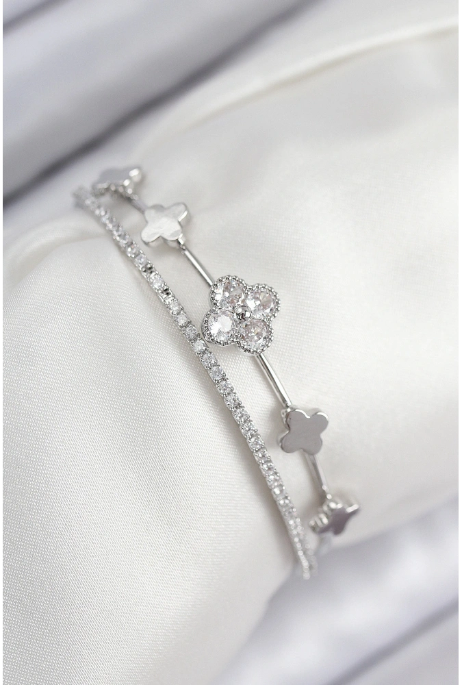 Shoecide Pirinç Zirkon Taşlı Yonca Model Gümüş Renk Kadın Bileklik