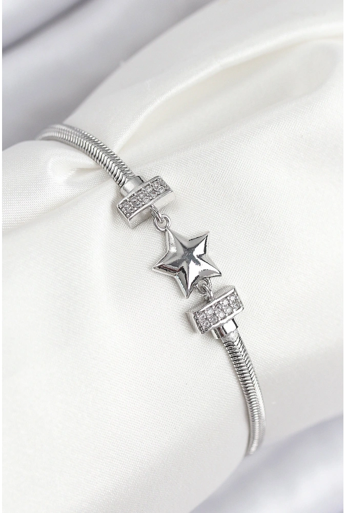 Shoecide Pirinç Zirkon Taşlı Yonca Model Gümüş Renk Kadın Bileklik