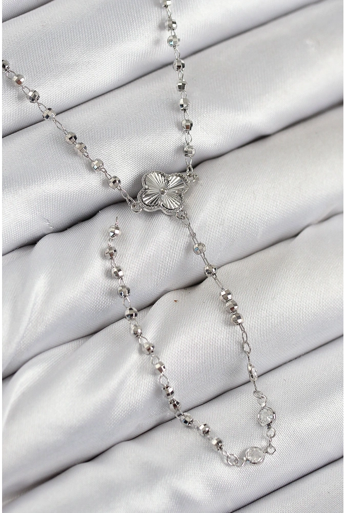 Shoecide Pirinç Zirkon Taşlı Yonca Model Gümüş Renk Kadın Y Kolye