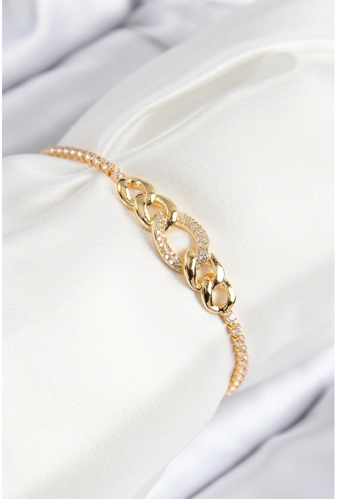 Shoecide Pirinç Zirkon Taşlı Zincir Model Gold Renk Asansörlü Kadın Bileklik