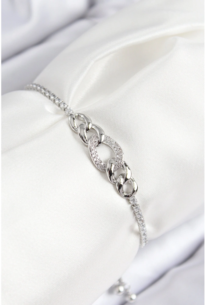 Shoecide Pirinç Zirkon Taşlı Zincir Model Gümüş Renk Asansörlü Kadın Bileklik