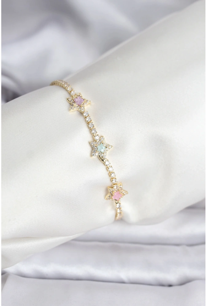 Shoecide Renkli Yıldız Model Zirkon Taşlı Gold Renk Pirinç Su Yolu Kadın Bileklik