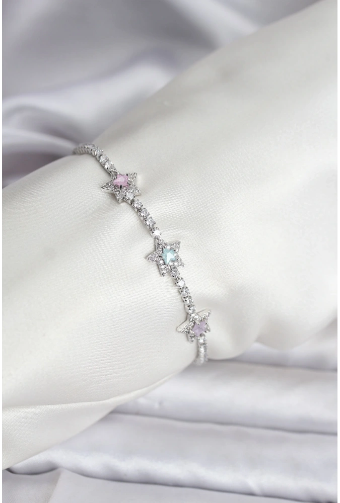 Shoecide Renkli Yıldız Model Zirkon Taşlı Gümüş Renk Pirinç Su Yolu Kadın Bileklik