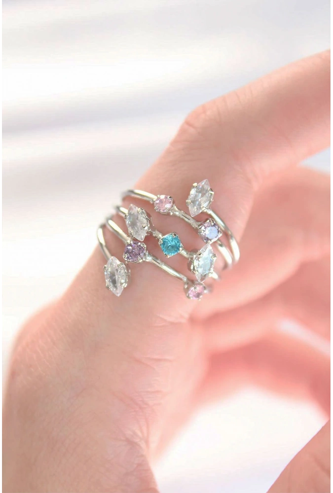 Shoecide Renkli Zirkon Taşlı Silver Renk Ayarlanabilir Yüzük