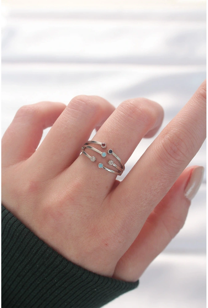 Shoecide Renkli Zirkon Taşlı Silver Renk Ayarlanabilir Yüzük