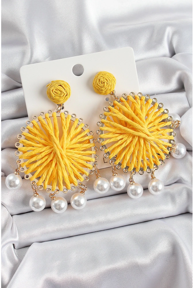 Shoecide Sarı Hasır Örgü Sarmal Model Sallantılı İnci Detaylı Gold Renk Kadın Küpe