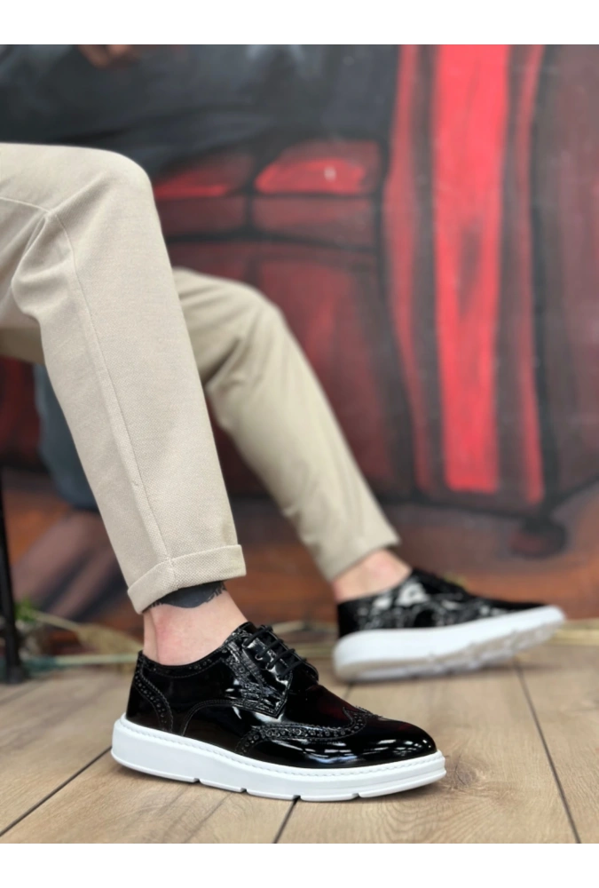 Shoecide Sb0003 Bağcıklı Klasik  Siyah Beyaz Taban Rugan Yüksek Taban Casual Erkek Ayakkabı