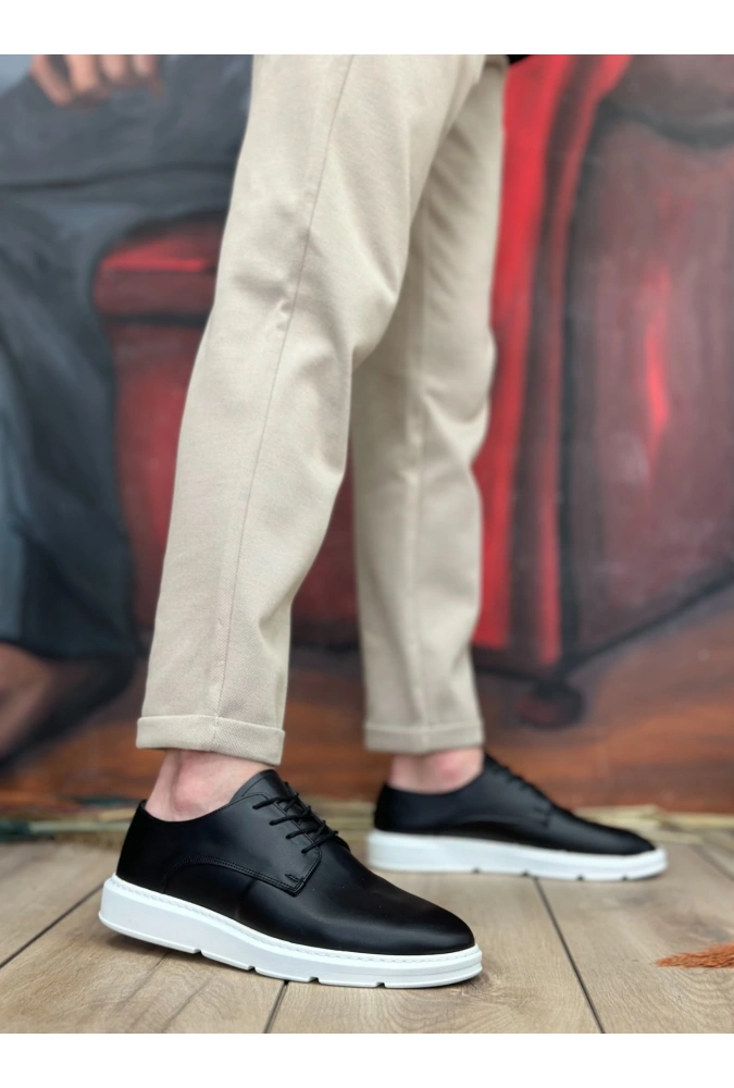 Shoecide Sb0003 Bağcıklı Klasik Siyah Beyaz Yüksek Taban Casual Erkek Ayakkabı