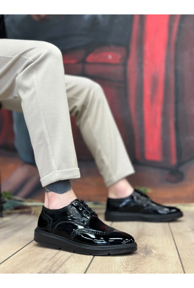 Shoecide Sb0003 Bağcıklı Klasik  Siyah Taban Rugan Yüksek Taban Casual Erkek Ayakkabı