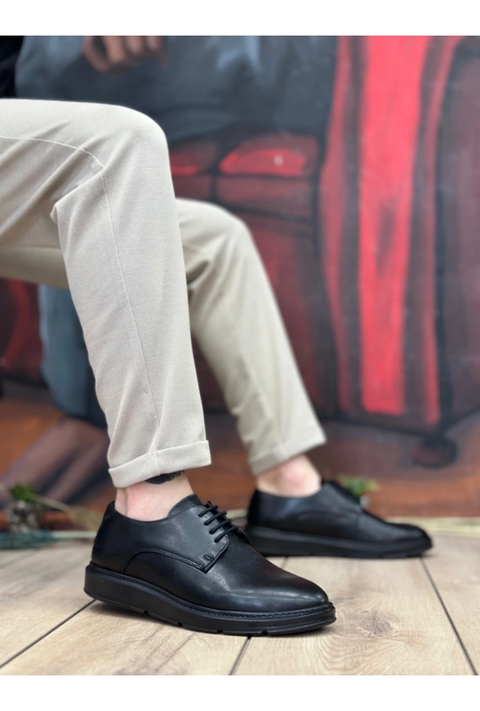 Shoecide Sb0003 Bağcıklı Klasik Siyah Yüksek Siyah Taban Casual Erkek Ayakkabı
