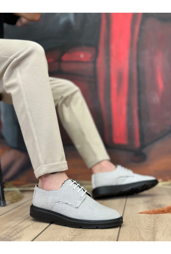 Shoecide Sb0003 Bağcıklı Klasik Spor Gri Renk Siyah Taban Keten Yüksek Taban Casual Erkek Ayakkabı