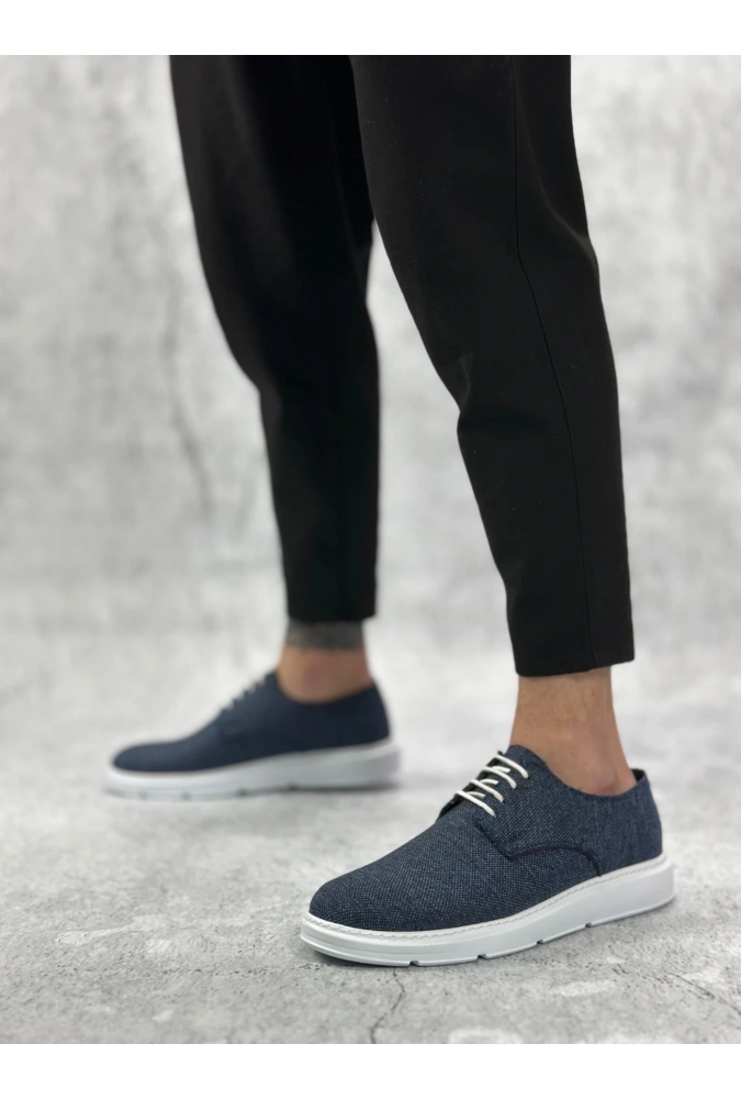 Shoecide Sb0003 Bağcıklı Klasik Spor Keten Lacivert  Beyaz Taban Casual Erkek Ayakkabı