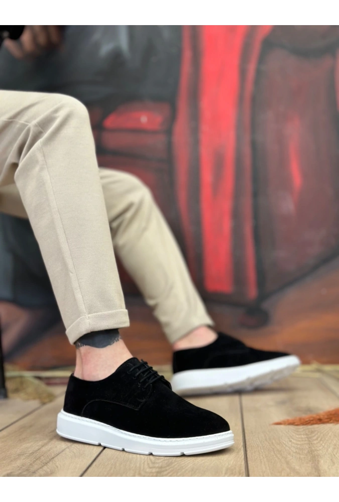 Shoecide Sb0003 Bağcıklı Klasik Spor Süet Siyah Beyaz Yüksek Taban Casual Erkek Ayakkabı